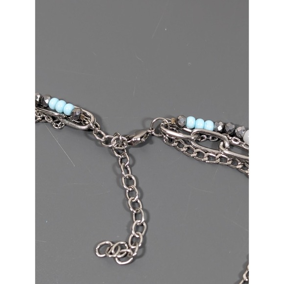 Bohemian Style Green Blue Beaded Silver Tone Layered Chain Statement Necklace - Picture 8 of 9